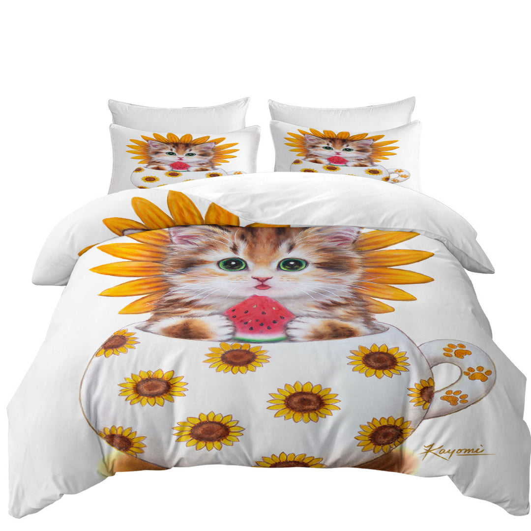 Cute Cat Art Paintings the Sunflower Cup Kitten Duvet Cover sale