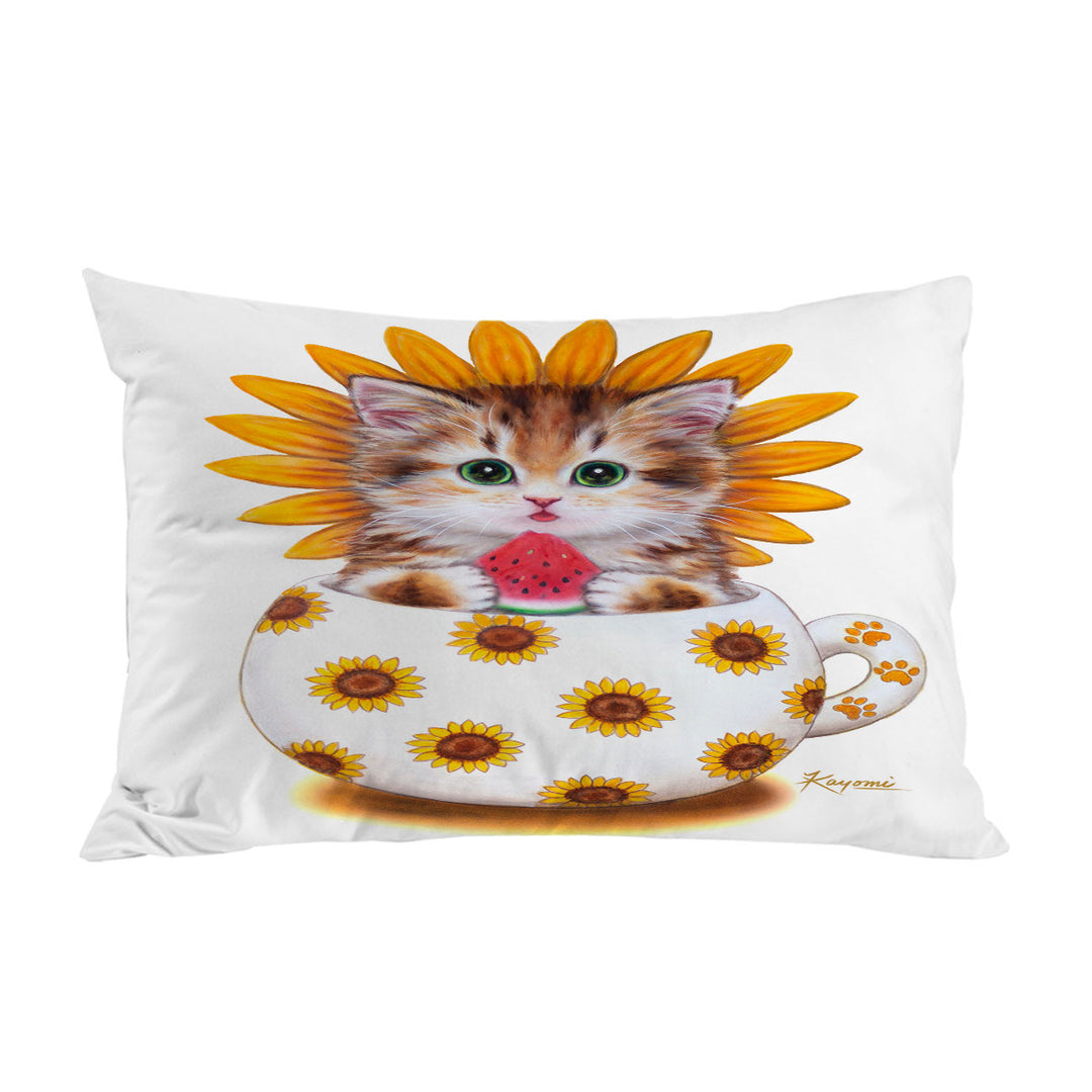 Cute Cat Art Paintings the Sunflower Cup Kitten Pillowcase