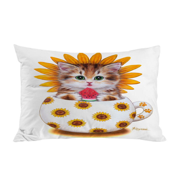 Cute Cat Art Paintings the Sunflower Cup Kitten Pillowcase