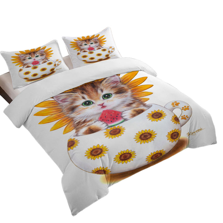 Cute Cat Art Paintings the Sunflower Cup Kitten Quilt Cover