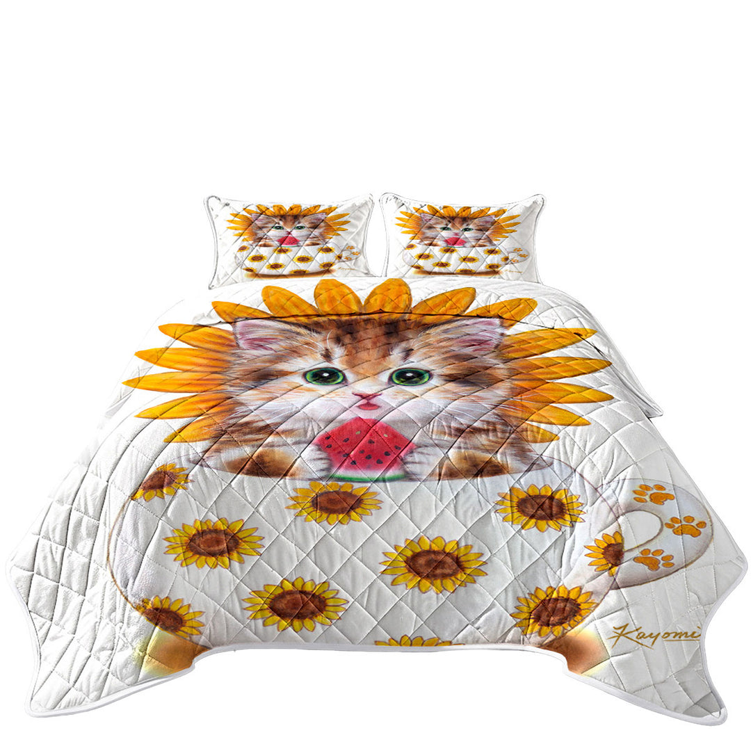 Cute Cat Art Paintings the Sunflower Cup Kitten Quilts