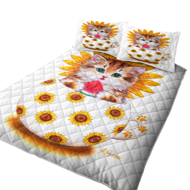 Cute Cat Art Paintings the Sunflower Cup Kitten Twin Quilt