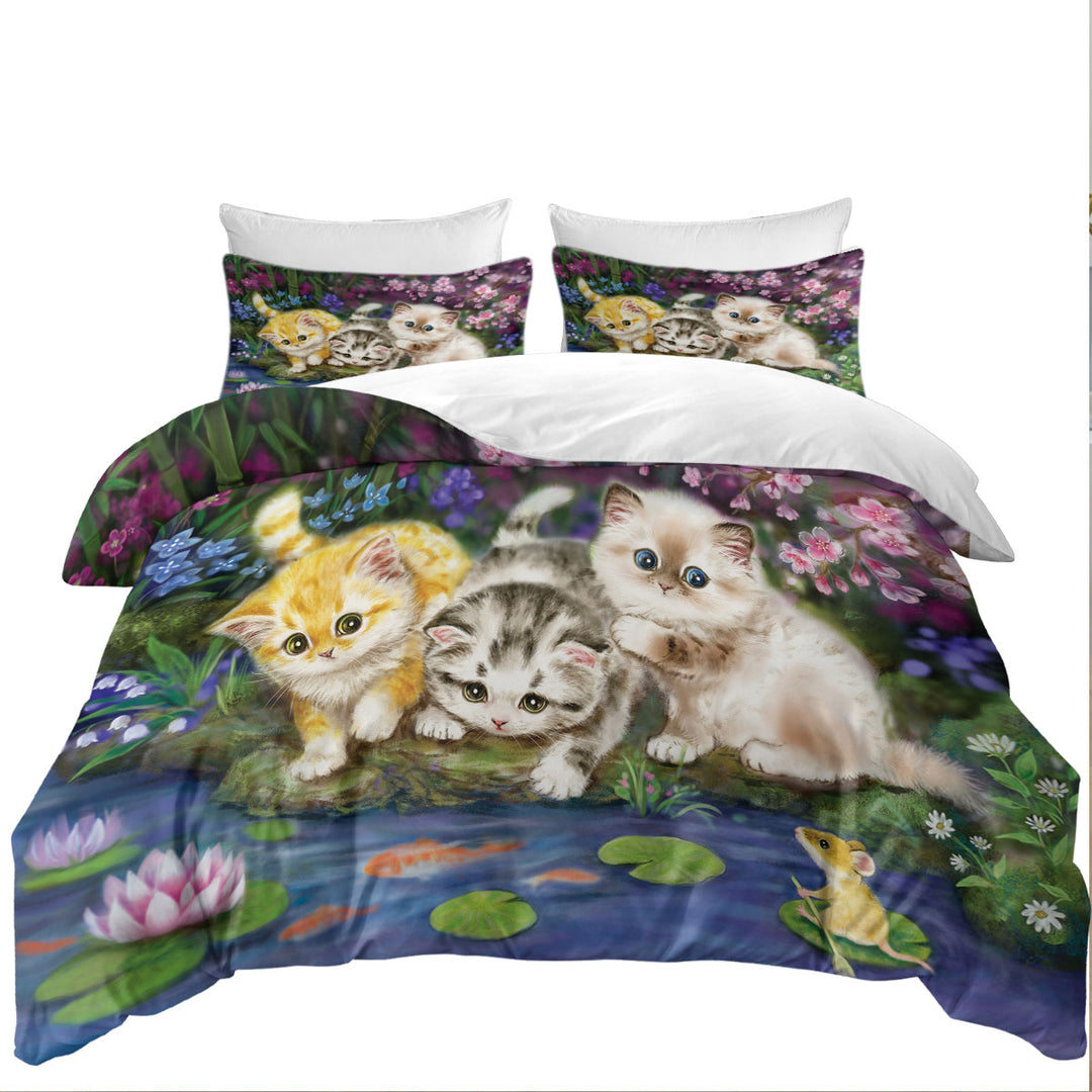 Cute Cat Art Three Kittens in Japanese Garden Coverlet
