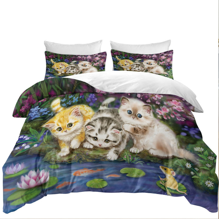 Cute Cat Art Three Kittens in Japanese Garden Coverlet