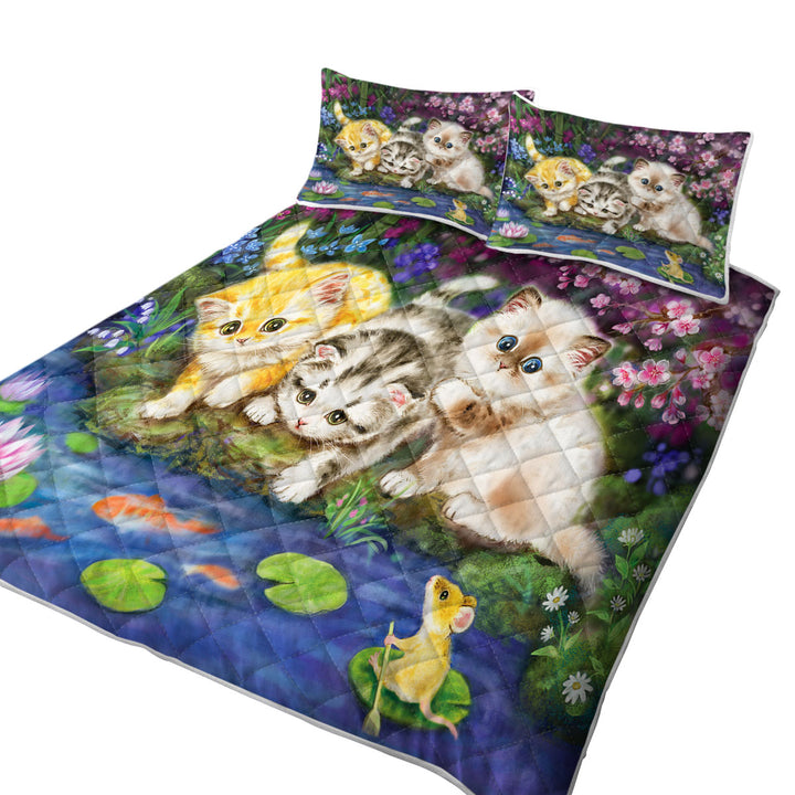 Cute Cat Art Three Kittens in Japanese Garden Coverlets