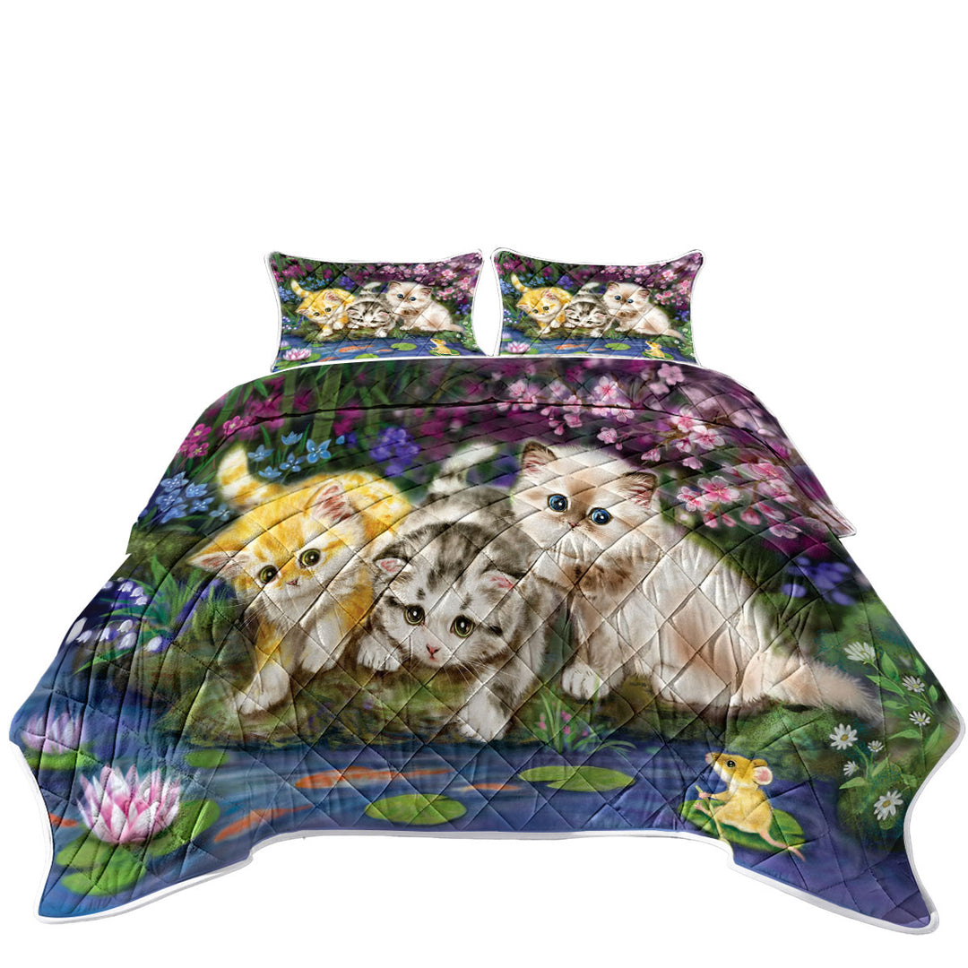 Cute Cat Art Three Kittens in Japanese Garden King Size Quilt Sets