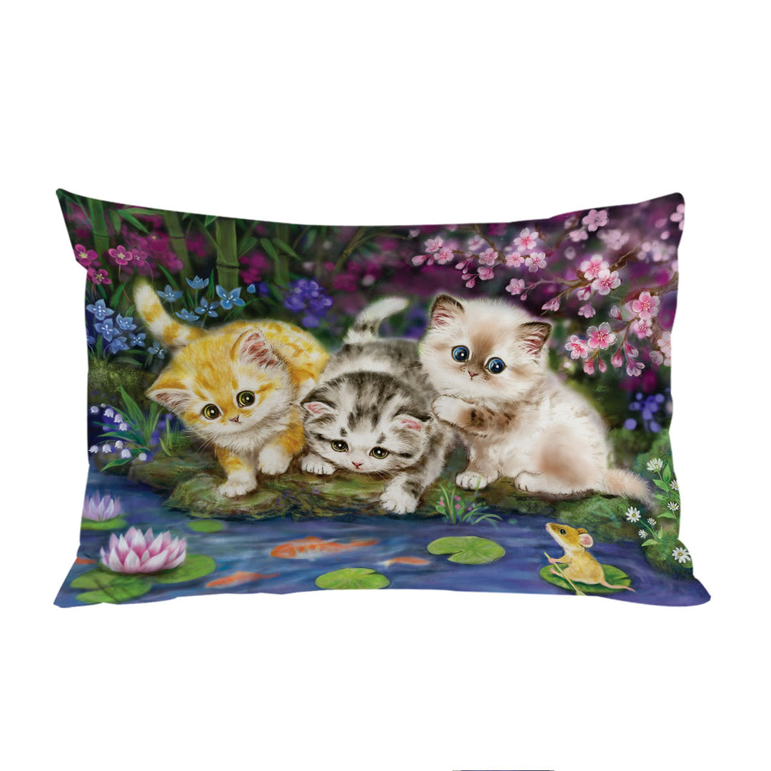 Cute Cat Art Three Kittens in Japanese Garden Pillowcase