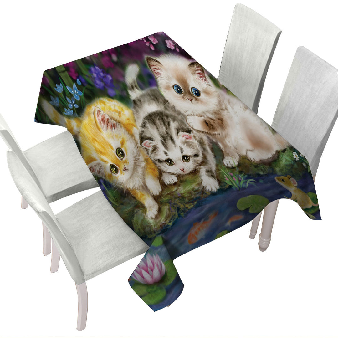 Cute Cat Art Three Kittens in Japanese Garden Tablecloths