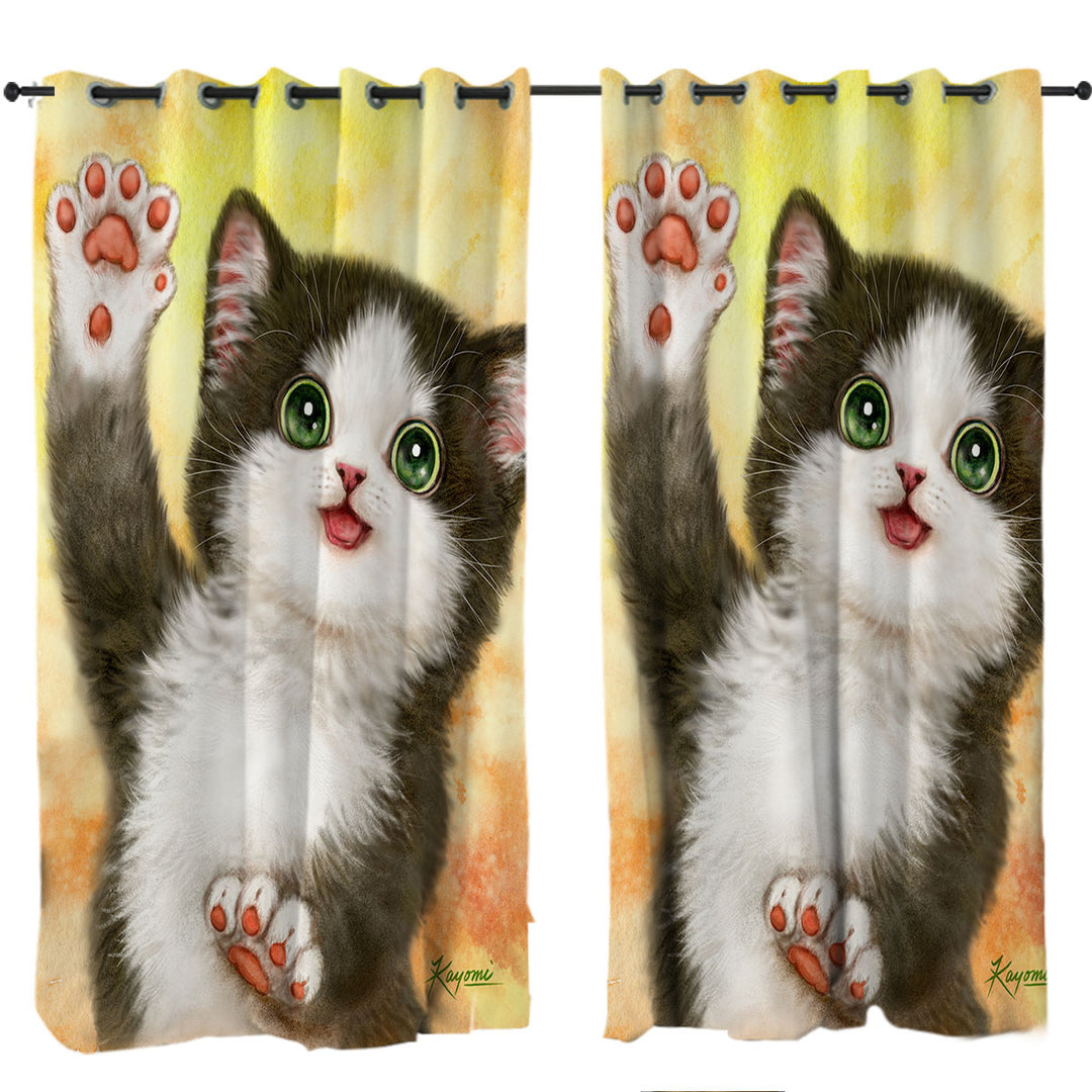 Cute Cat Designs Hi Five Black White Kitten Curtains