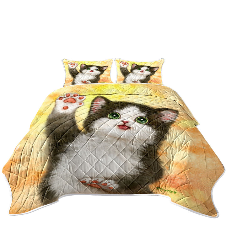 Cute Cat Designs Hi Five Black White Kitten Twin Quilt