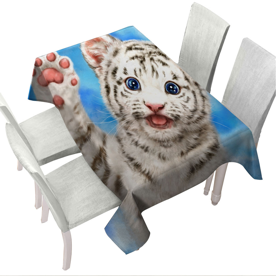 Cute Cat Designs Hi Five White Tiger Cub Tablecloths