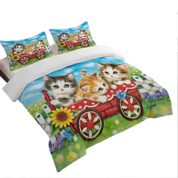Cute Cat Drawings for Kids Kitten in Wagon Duvet Covers