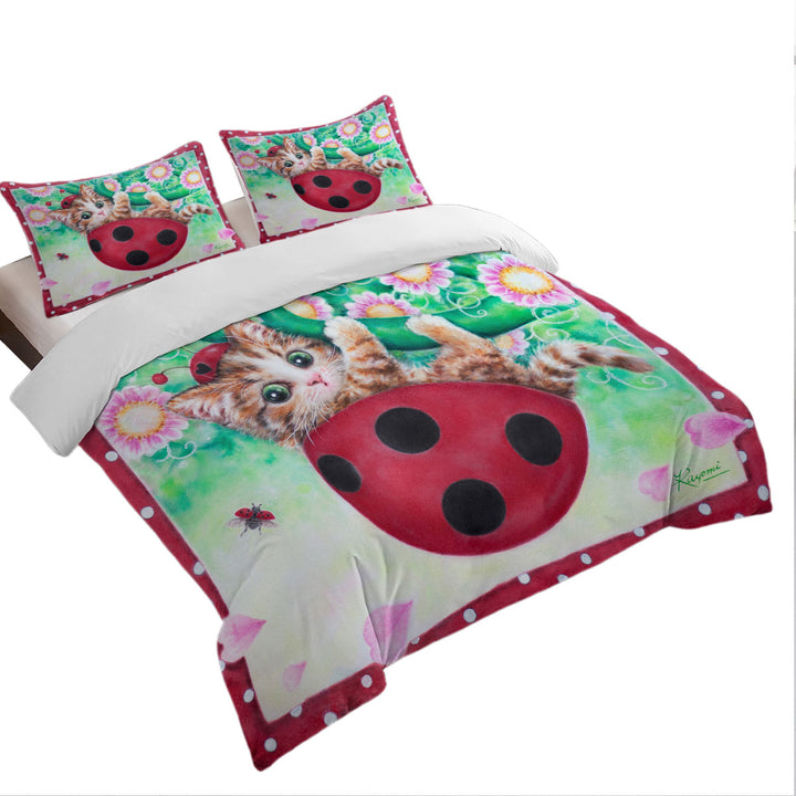 Cute Cat Drawings for Kids Ladybug Kitty King Size Duvet Cover