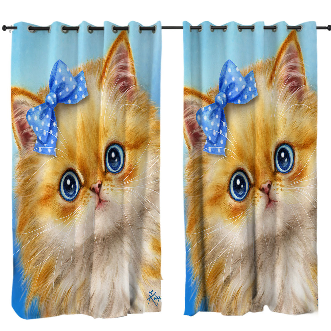 Cute Cats Adorable Blue Ribbon Kitten Curtain
