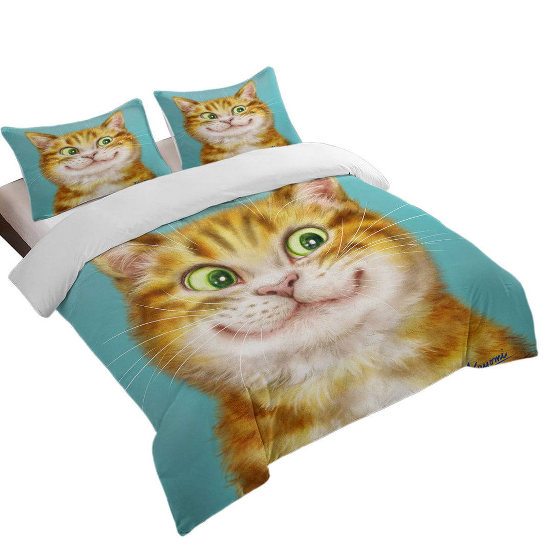 Cute Cats Art Happy Ginger Kitten Queen Size Duvet Cover