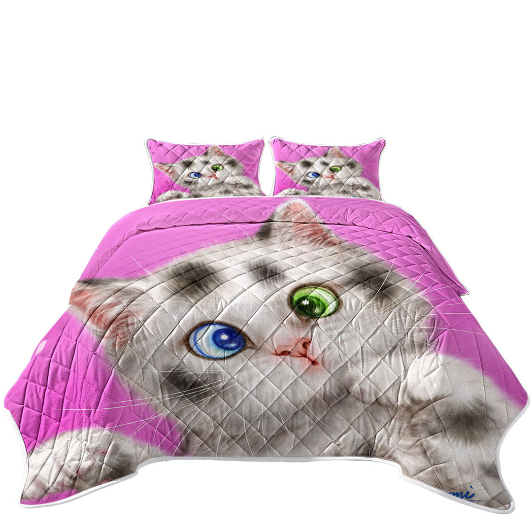 Cute Cats Art Spotted Tabby White Kitten California King Quilt Sets