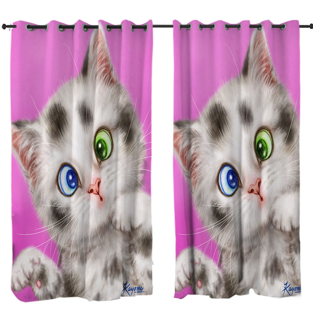 Cute Cats Art Spotted Tabby White Kitten Curtains