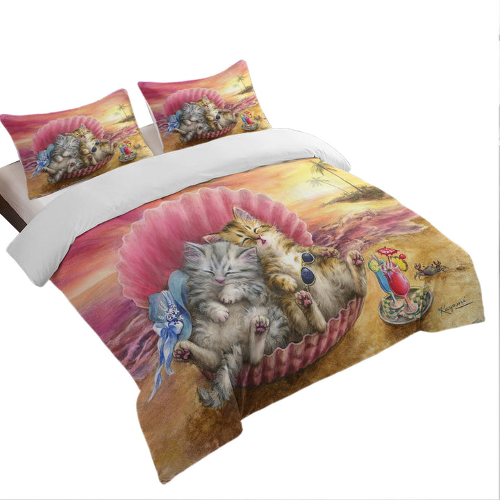 Cute Cats Designs Hawaiian Beach Sunset Kittens Comforter Cover