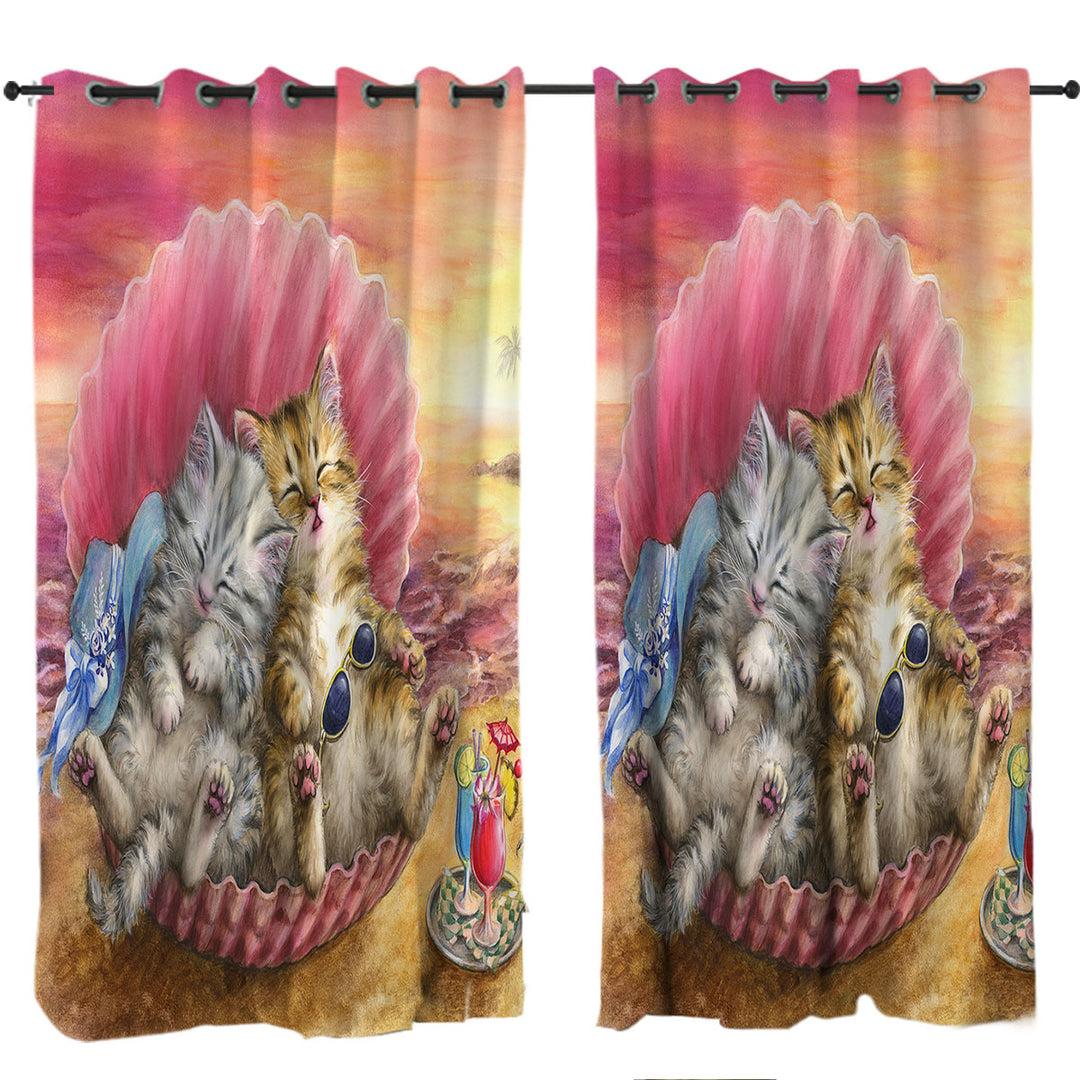 Cute Cats Designs Hawaiian Beach Sunset Kittens Drapes and Curtains
