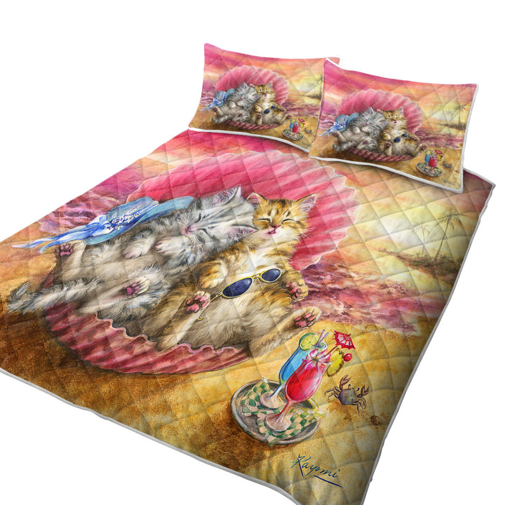Cute Cats Designs Hawaiian Beach Sunset Kittens Quilts for Beds