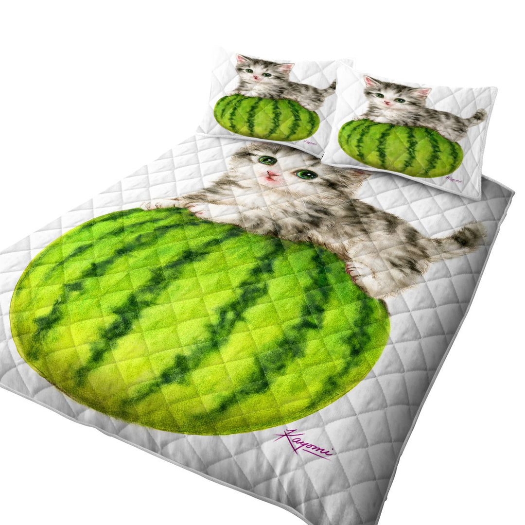 Cute Cats Drawing Watermelon Kitten Quilt