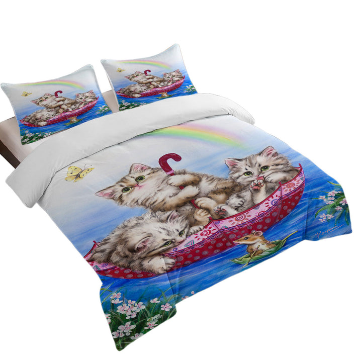 Cute Cats for Kids Three Kittens in the Lake Queen Size Duvet Cover
