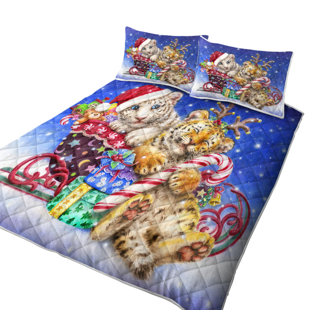 Cute Christmas Baby Tigers with Presents Sleigh California King Quilt Sets