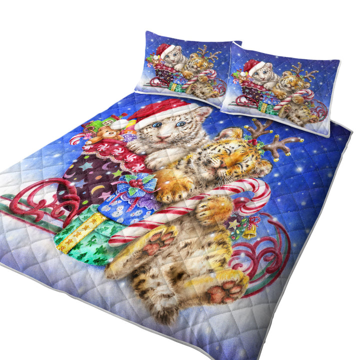 Cute Christmas Baby Tigers with Presents Sleigh California King Quilt Sets