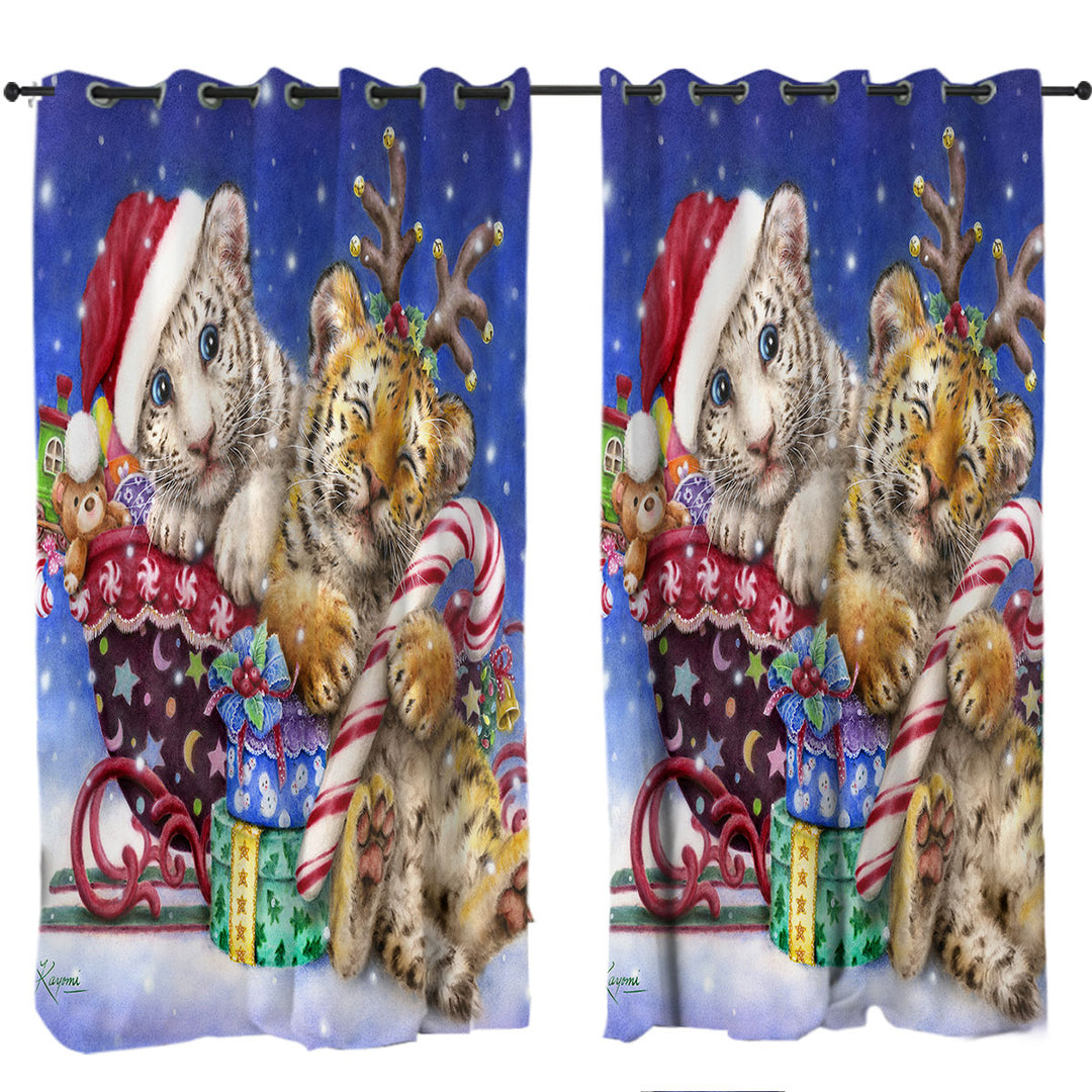 Cute Christmas Baby Tigers with Presents Sleigh Curtain