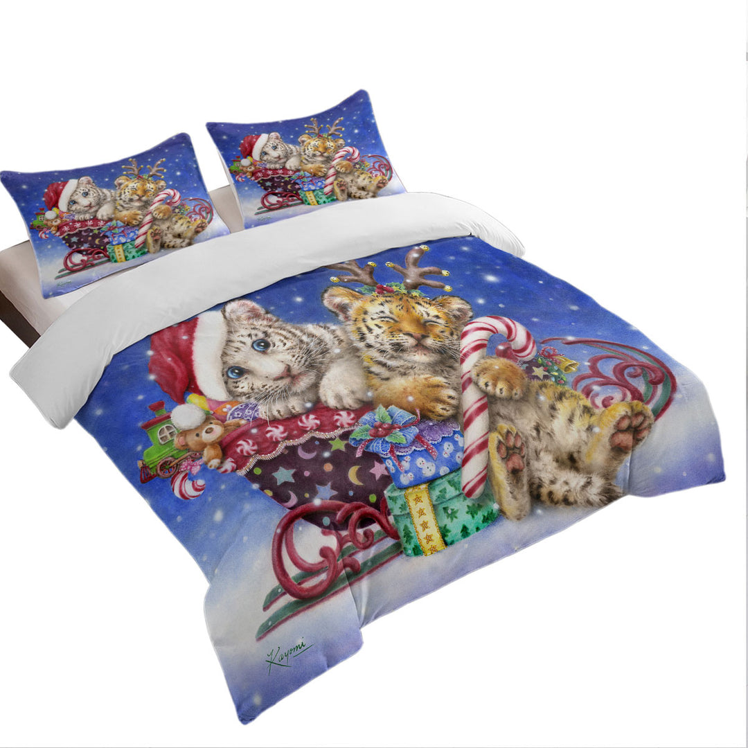 Cute Christmas Baby Tigers with Presents Sleigh Quilt Cover