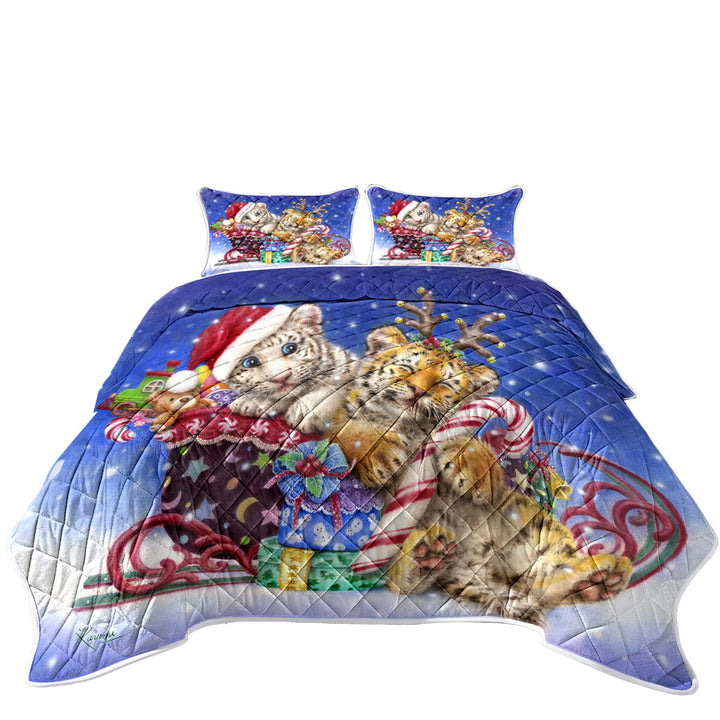 Cute Christmas Baby Tigers with Presents Sleigh Quilts