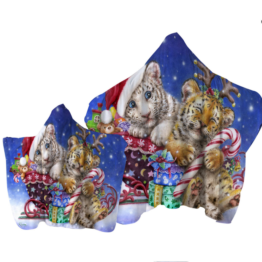 Cute Christmas Baby Tigers with Presents Sleigh Towel with Hood