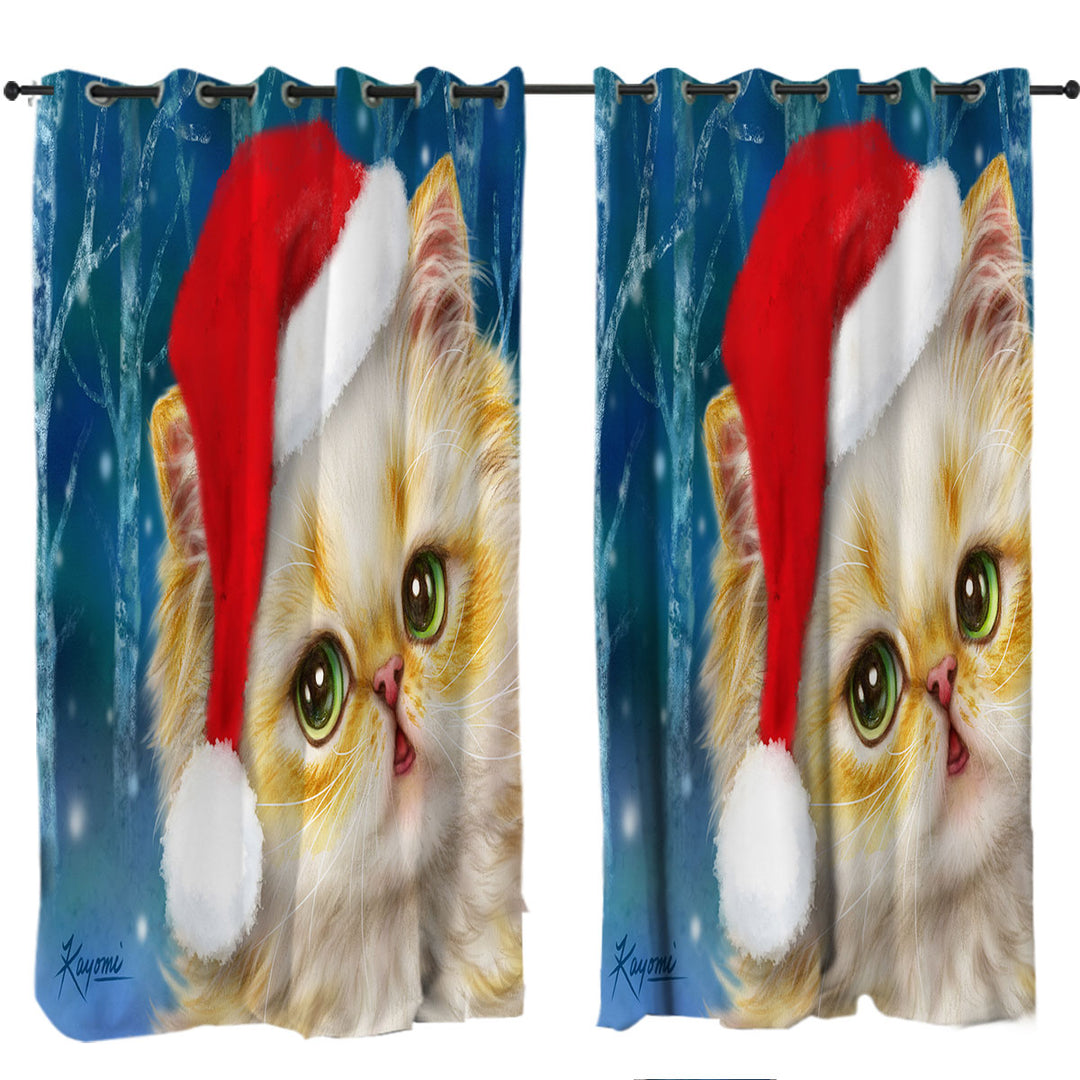 Cute Christmas Cat Design Ginger Santa Kitten Curtain
