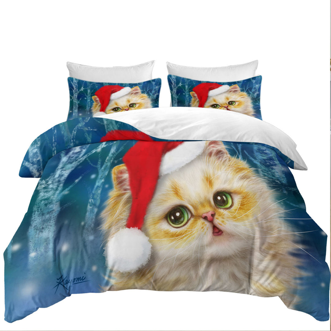 Cute Christmas Cat Design Ginger Santa Kitten King Quilt Cover