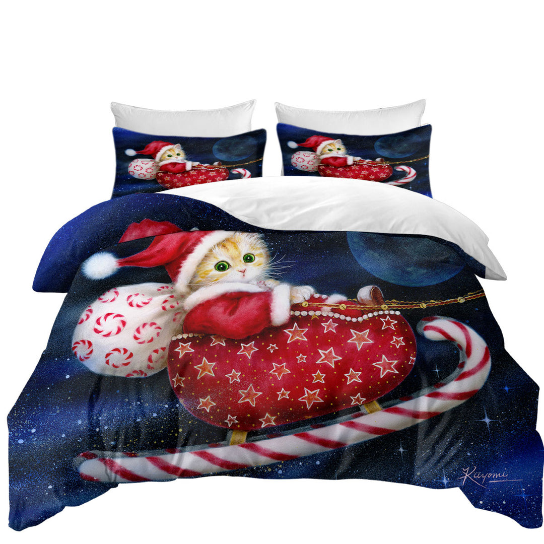 Cute Christmas Design Candy Sleigh Kitten Comforter Cover