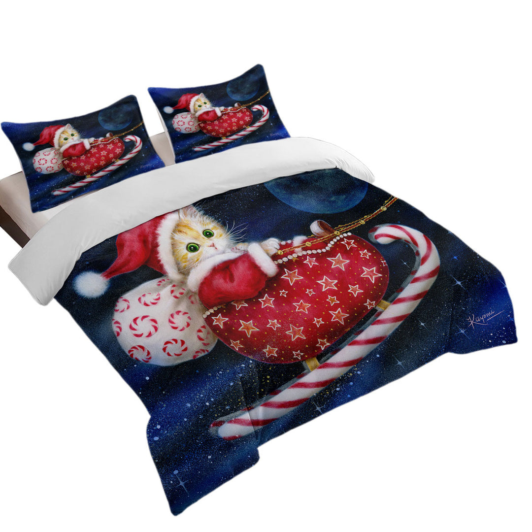 Cute Christmas Design Candy Sleigh Kitten Duvet Cover