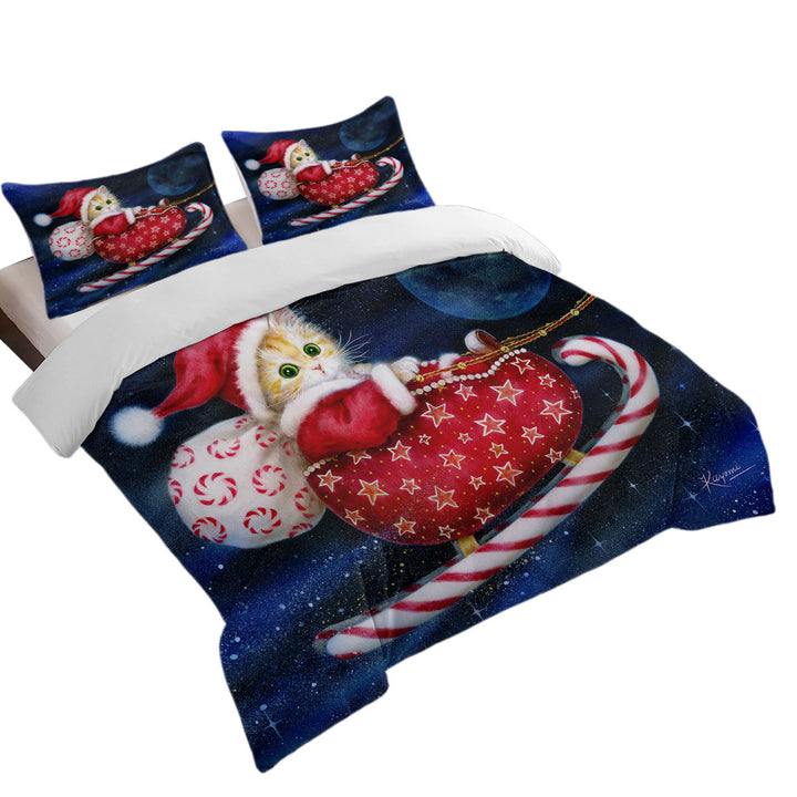 Cute Christmas Design Candy Sleigh Kitten Duvet Cover