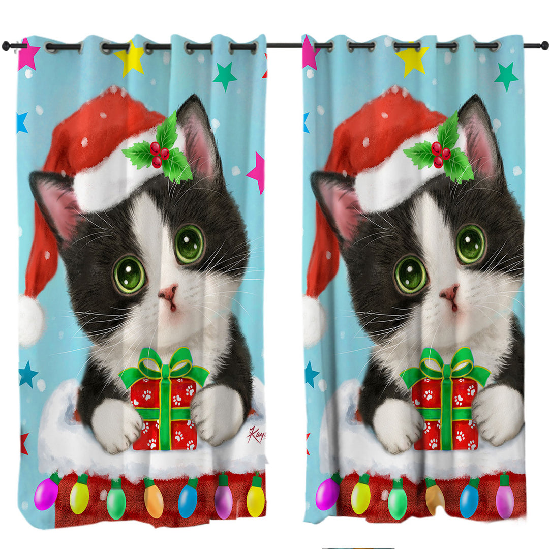 Cute Christmas Design Tuxedo Cat in Chimney Curtains for Bedroom