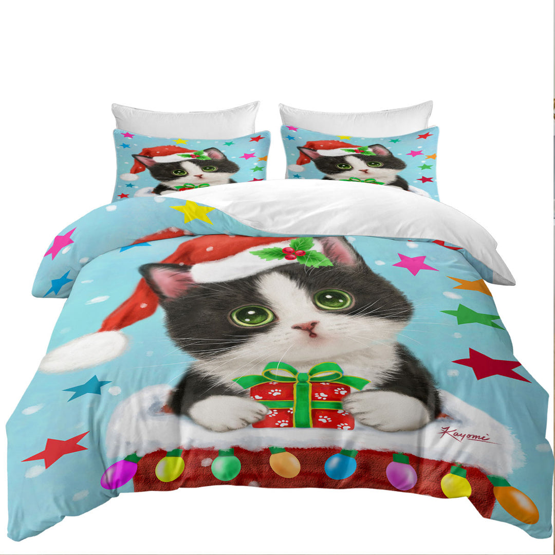 Cute Christmas Design Tuxedo Cat in Chimney King Duvet Cover set