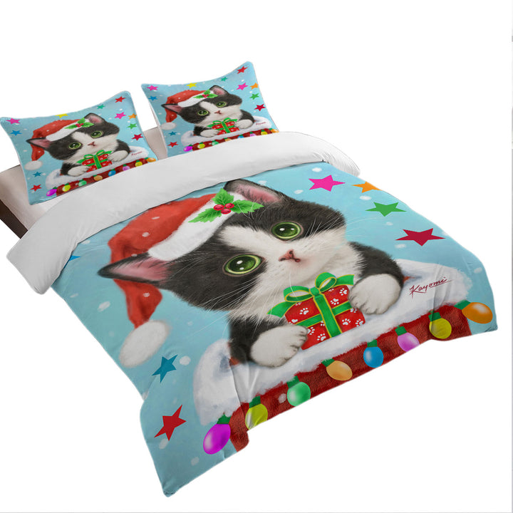 Cute Christmas Design Tuxedo Cat in Chimney full Size Duvet Cover