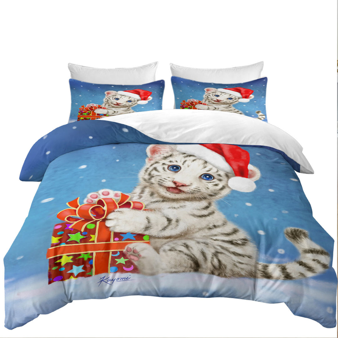 Cute Christmas Design White Tiger Cub Gift Coverlet