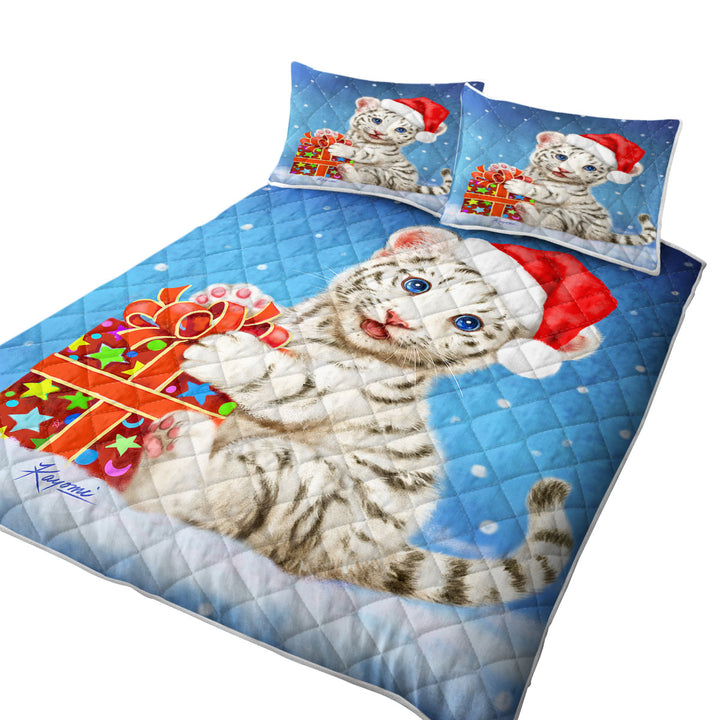 Cute Christmas Design White Tiger Cub Gift Coverlets