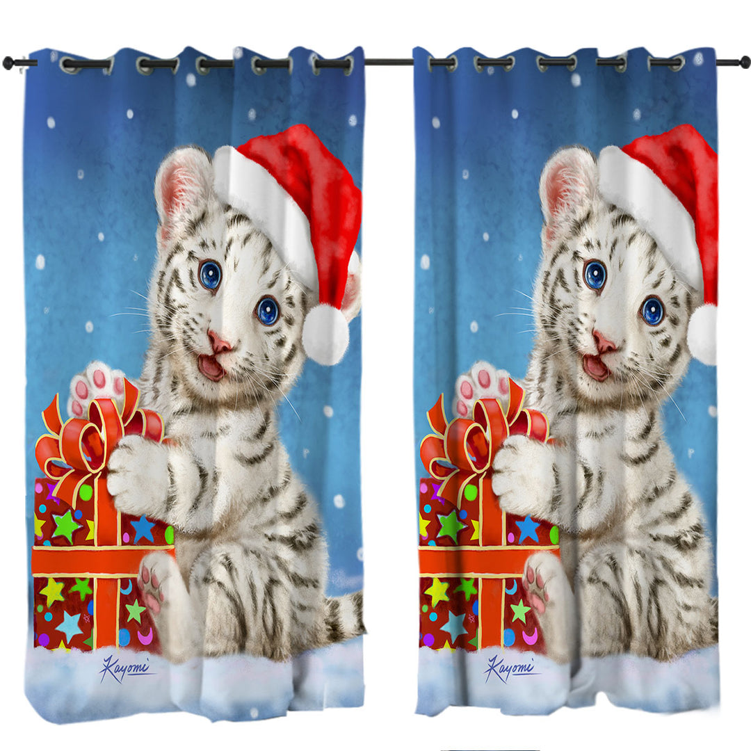 Cute Christmas Design White Tiger Cub Gift Curtain