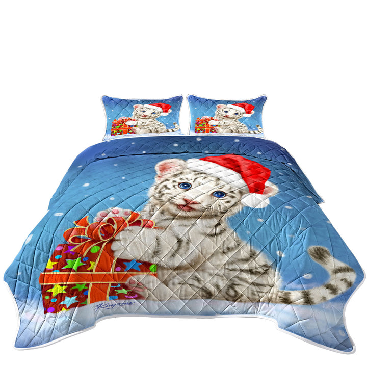Cute Christmas Design White Tiger Cub Gift King Size Quilt Sets
