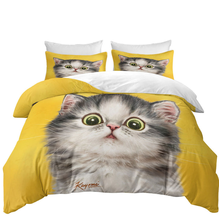 Cute Confused Kitty Cat over Yellow King Quilt Cover