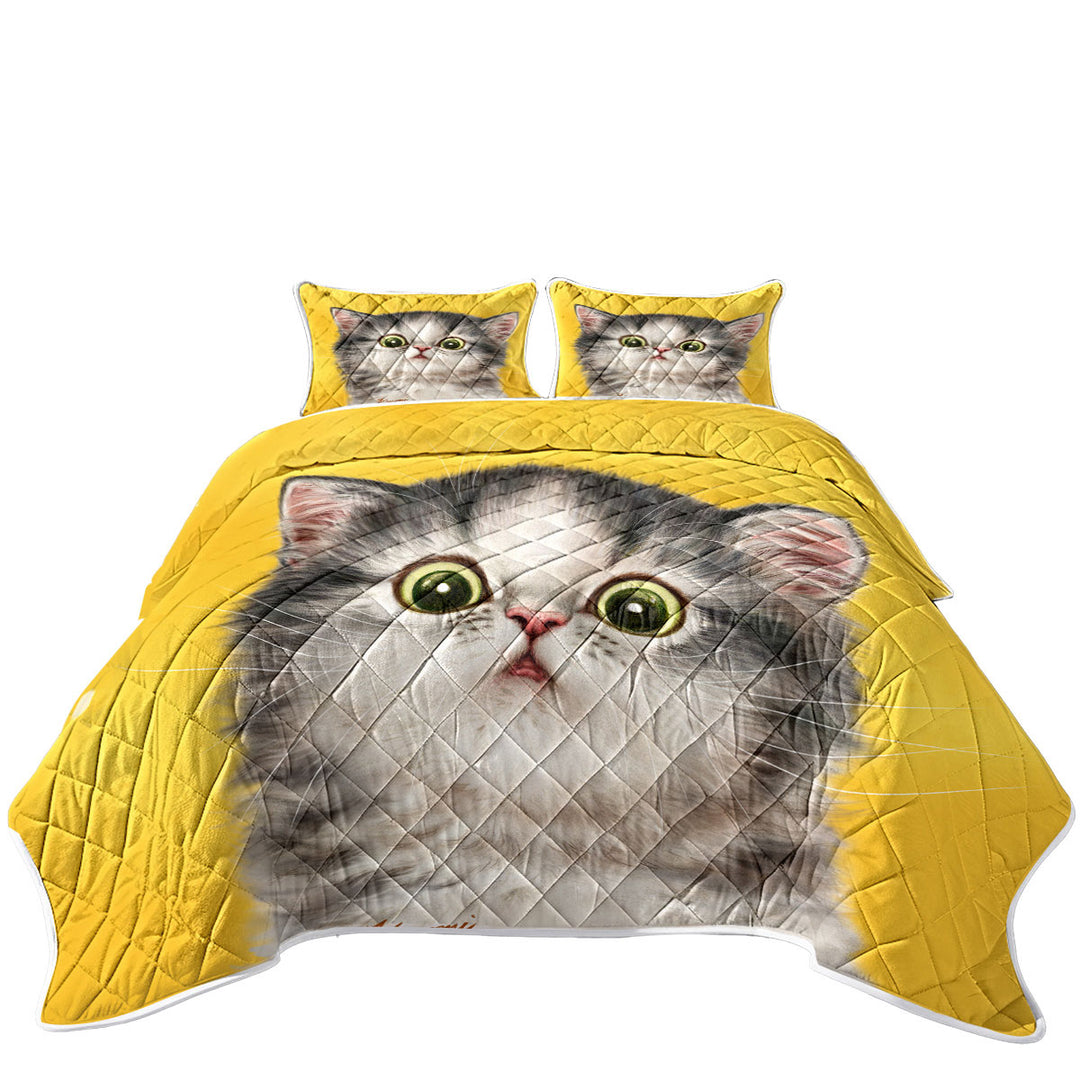 Cute Confused Kitty Cat over Yellow King Size Quilt