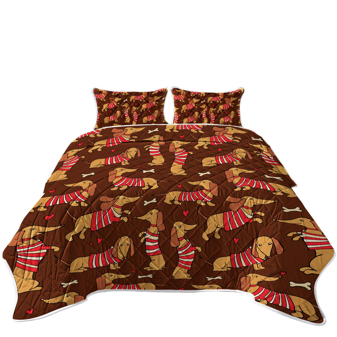 Cute Dachshund Wearing Red and White Stripes Coverlet