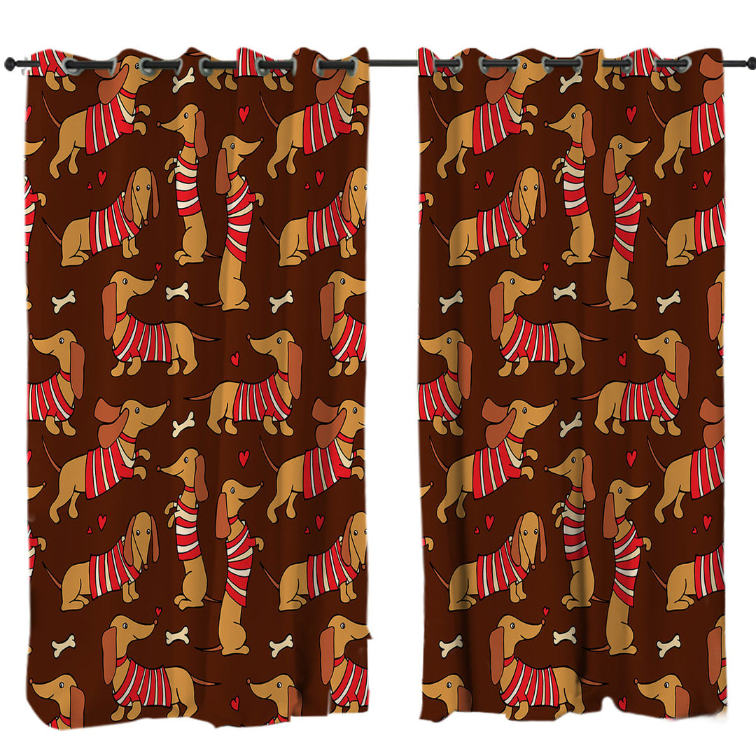 Cute Dachshund Wearing Red and White Stripes Curtains for Living Room