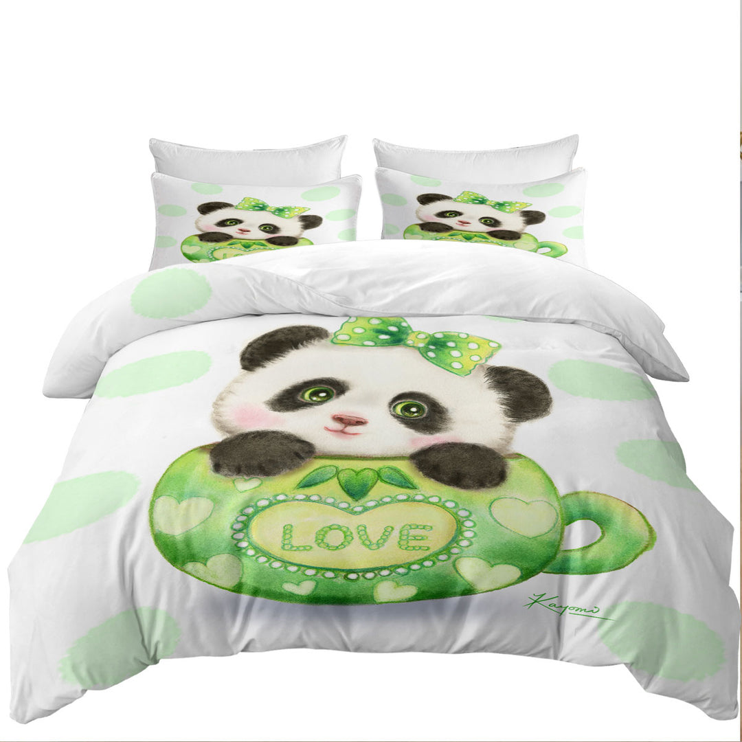 Cute Design Green Love Cup Panda Duvet Cover