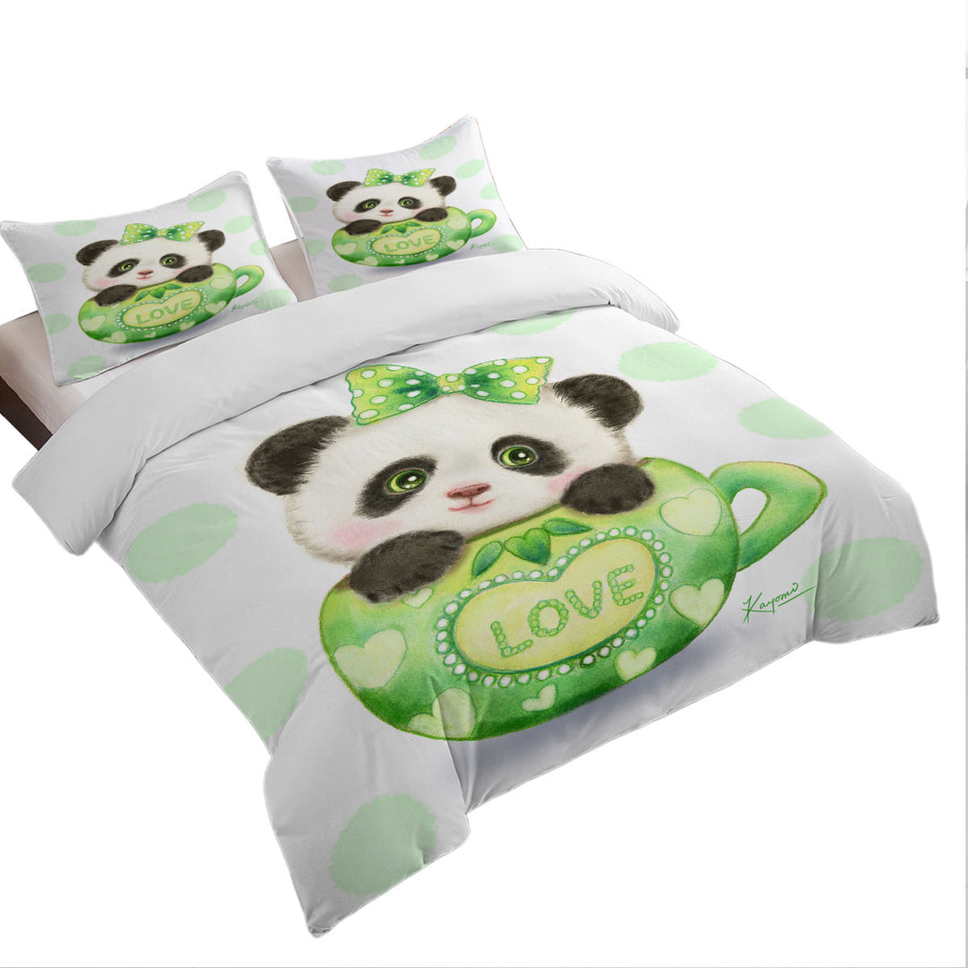 Cute Design Green Love Cup Panda Duvet Covers